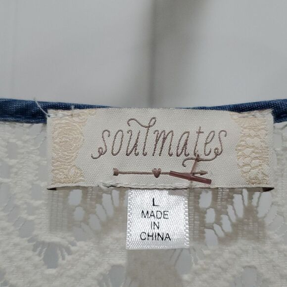 Soulmates 3/4 Sleeve Denim & Lace, Tie Front Blouse, Size Large - Picture 2 of 7